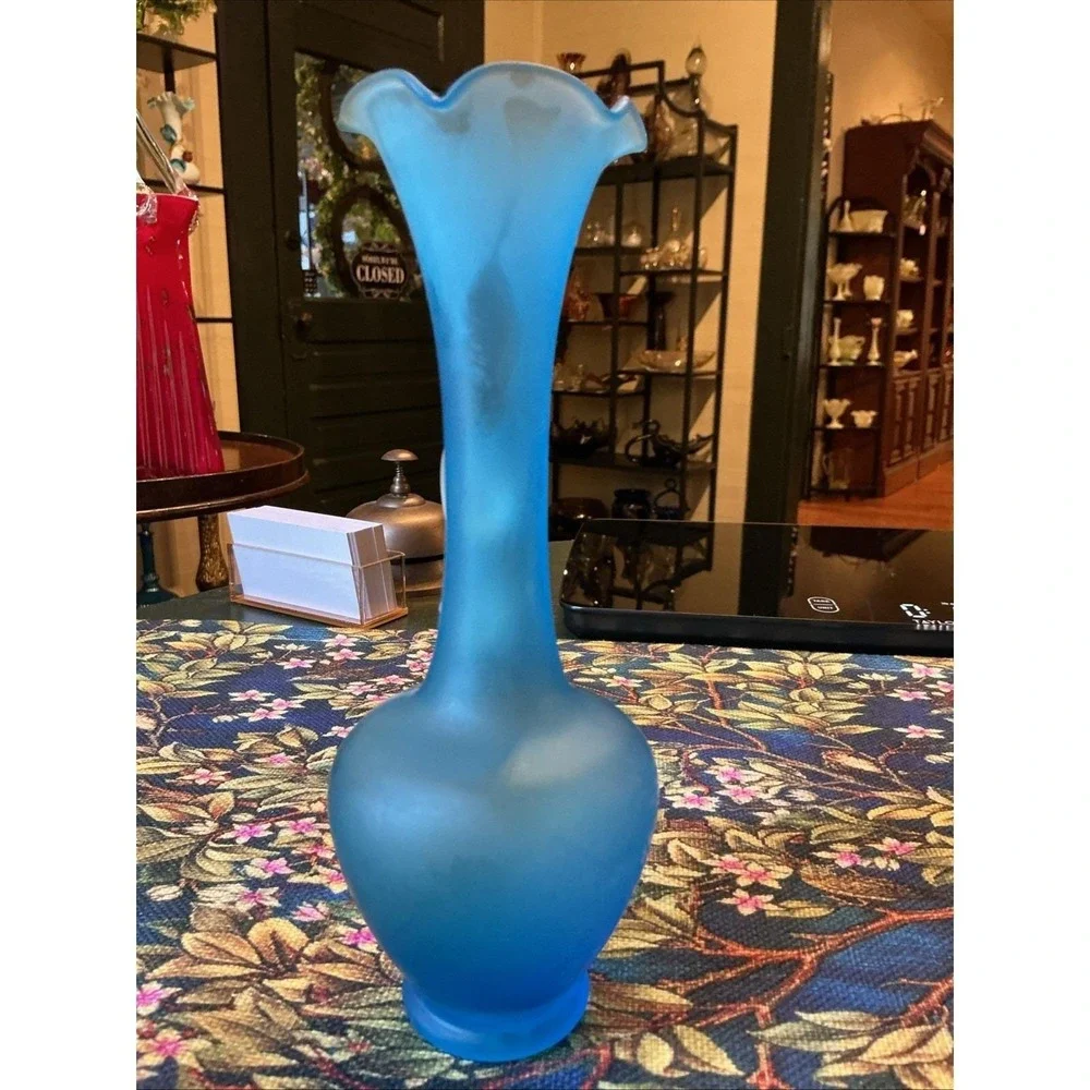 Vintage Peacock Blue Satin Glass 8 Inch High Bud Vase With Frosted Handle